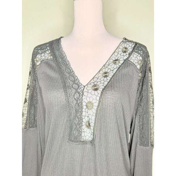 Free People Lola Large Black Lace Blouse Tunic V-Neck Boho Floral Open Loose - Picture 4 of 9